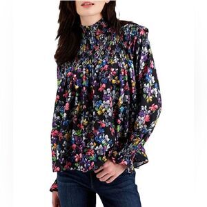 French  Connection Alianna Drape Smocked Top in Moody Floral Print